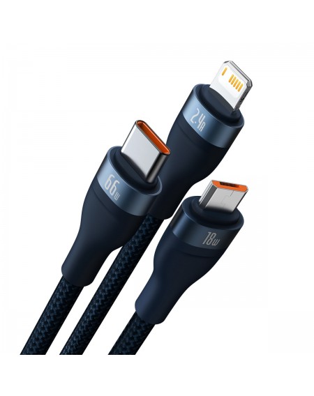Baseus Flash Series Ⅱ 3in1 Fast Charging Cable USB-A to USB-C / Micro-USB / Lightning 66W 480Mbps 1.2m Blue