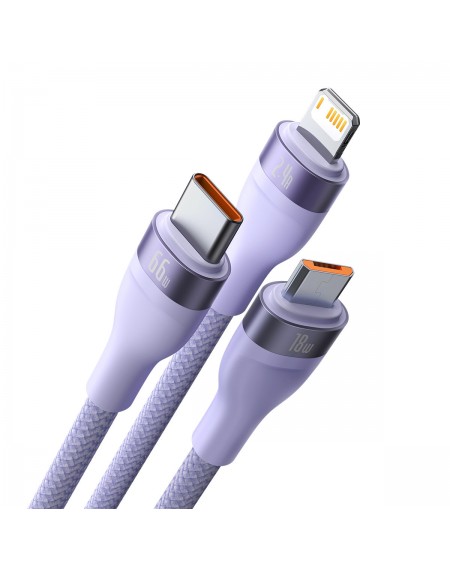Baseus Flash Series Ⅱ 3in1 Fast Charging Cable USB-A to USB-C / Micro-USB / Lightning 66W 480Mbps 1.2m Purple