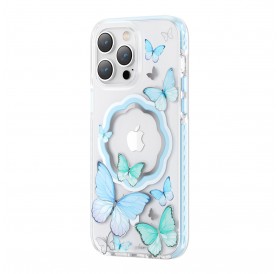 Kingxbar Butterfly Series magnetic case for iPhone 14 Pro MagSafe case with butterflies blue