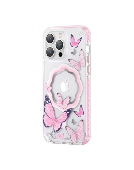 Kingxbar Butterfly Series magnetic case for iPhone 14 Plus MagSafe case with butterflies pink