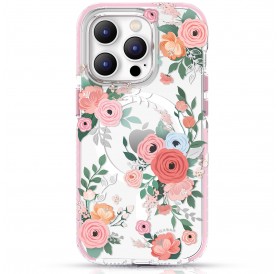 Kingxbar Flora Series magnetic case for iPhone 14 Pro MagSafe decorated with rose flowers print