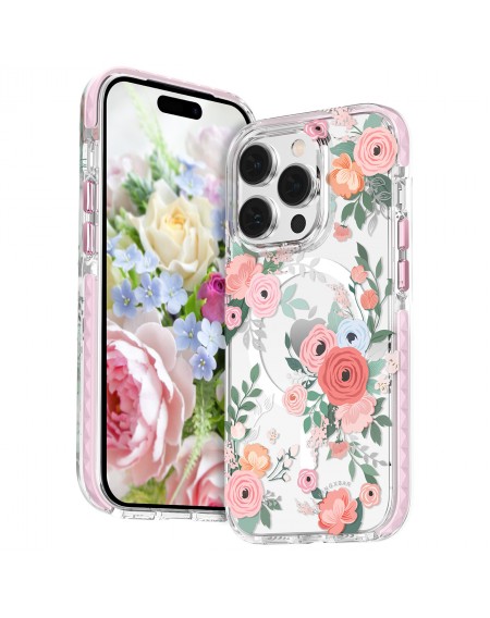 Kingxbar Flora Series magnetic case for iPhone 14 Plus MagSafe decorated with rose flowers print