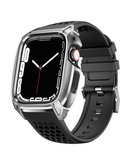 Kingxbar CYF148 2in1 Rugged Case for Apple Watch 8, 7 (45 mm) Stainless Steel with Strap Silver