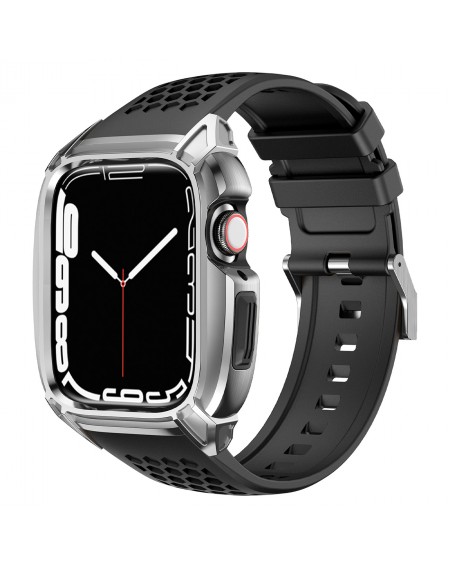 Kingxbar CYF148 2in1 Rugged Case for Apple Watch 8, 7 (45 mm) Stainless Steel with Strap Silver
