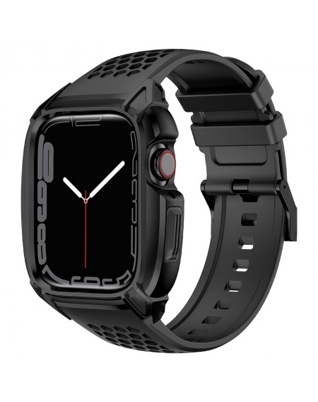 Kingxbar CYF148 2in1 Rugged Case for Apple Watch SE, 6, 5, 4 (44 mm) Stainless Steel with Strap Black