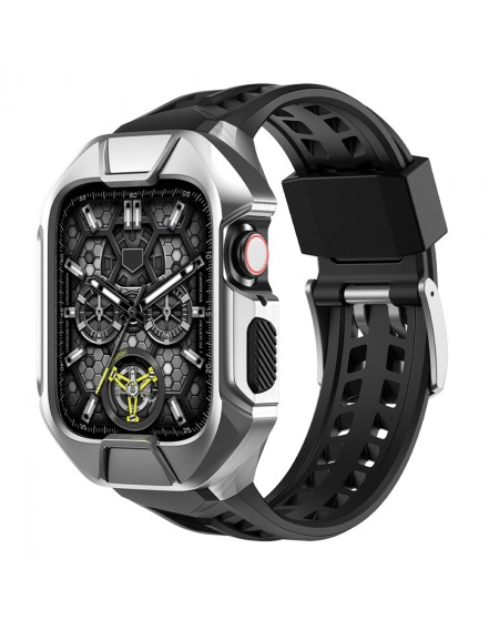 Kingxbar CYF136 2in1 Rugged Case for Apple Watch SE, 6, 5, 4 (44 mm) Stainless Steel with Strap Silver
