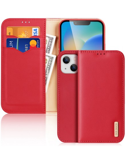 Dux Ducis Hivo Leather Flip Cover Genuine Leather Wallet for Cards and Documents iPhone 14 Red