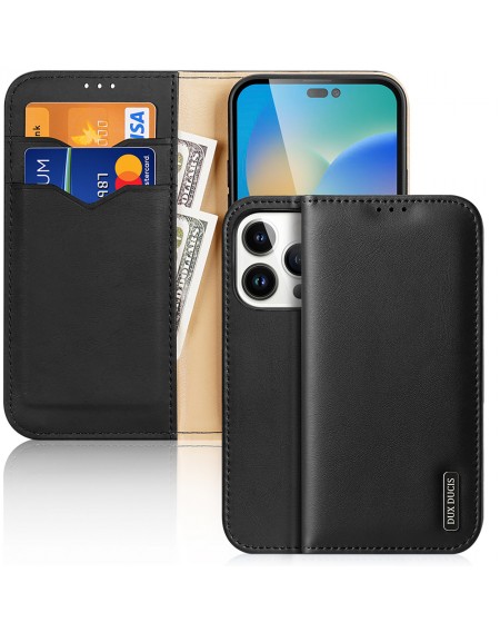 Dux Ducis Hivo Leather Flip Cover Genuine Leather Wallet for Cards and Documents iPhone 14 Pro Black