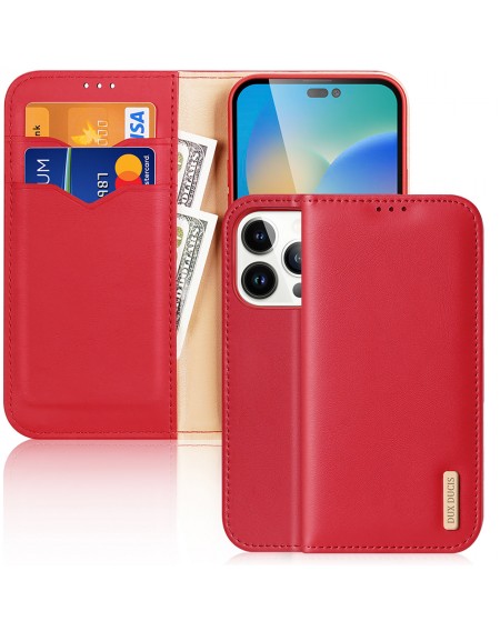 Dux Ducis Hivo Leather Flip Cover Genuine Leather Wallet for Cards and Documents iPhone 14 Pro Red
