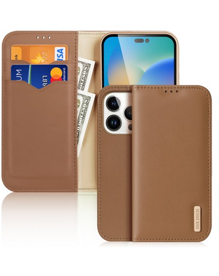 Dux Ducis Hivo Leather Flip Cover Genuine Leather Wallet for Cards and Documents iPhone 14 Pro Brown