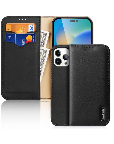 Dux Ducis Hivo Leather Flip Cover Genuine Leather Wallet for Cards and Documents iPhone 14 Pro Max Black