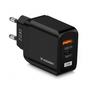 Wozinsky USB charger with 2 ports (USB, USB C) 20 W black