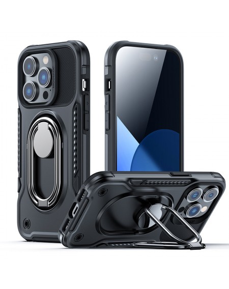 Joyroom Dual Hinge case for iPhone 14 Pro armored case with a stand and a ring holder black