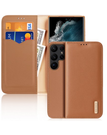 Dux Ducis Hivo Case for Samsung Galaxy S23 Ultra Flip Cover Wallet Stand RFID Blocking Brown