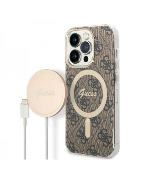 Set Guess GUBPP14LH4EACSW Case+ Charger iPhone 14 Pro 6.1" brown/brown hard case 4G Print MagSafe
