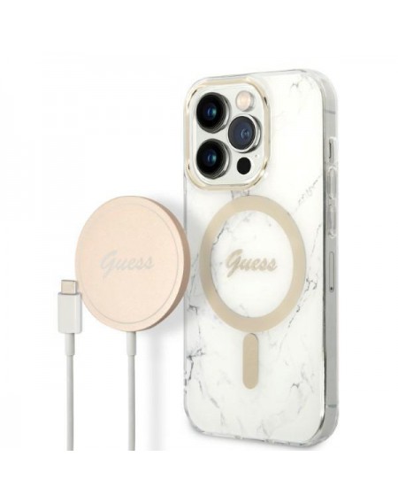 Set Guess GUBPP14LHMEACSH Case+ Charger iPhone 14 Pro 6.1" white/white hard case Marble MagSafe