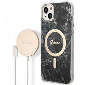Set Guess GUBPP14MHMEACSK Case+ Charger iPhone 14 Plus 6.7" black/black hard case Marble MagSafe