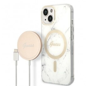 Set Guess GUBPP14SHMEACSH Case+ Charger iPhone 14 6.1" white/white hard case Marble MagSafe