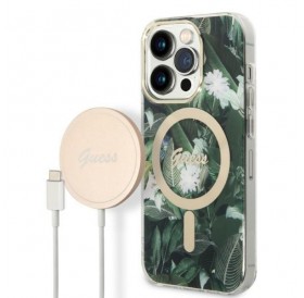 Set Guess GUBPP14XHJEACSA Case+ Charger iPhone 14 Pro Max 6.7" green/green hard case Jungle MagSafe