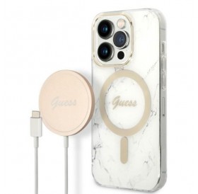 Set Guess GUBPP14XHMEACSH Case+ Charger iPhone 14 Pro Max 6.7" white/white hard case Marble MagSafe