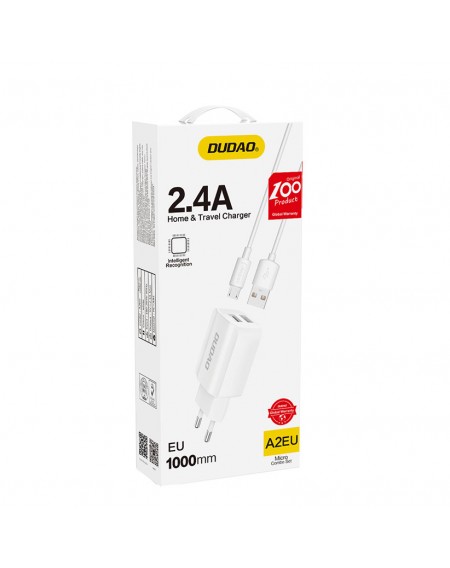 Dudao EU wall charger 2x USB 5V / 2.4A + micro USB cable white (A2EU + Micro white)