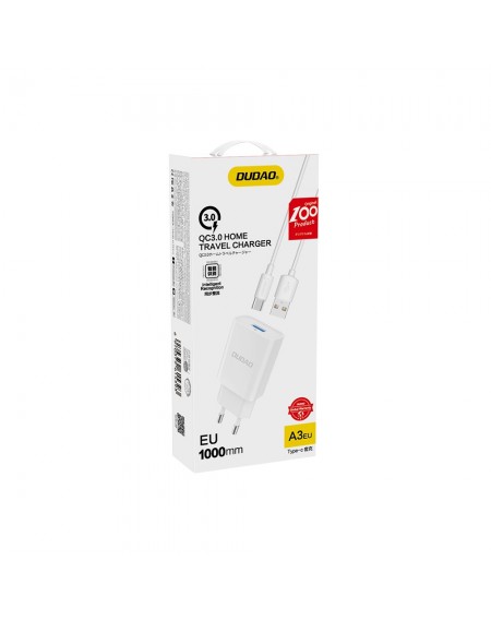 Dudao EU USB 5V/2.4A charger QC3.0 Quick Charge 3.0 + cable USB Type C white (A3EU + Type-c white)