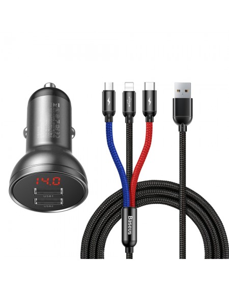 Baseus Digital Display Dual USB 4.8A Car Charger 24W + 3in1 USB - UBS Type C / micro USB / Lightning 1,2m cable black (TZCCBX-0G)