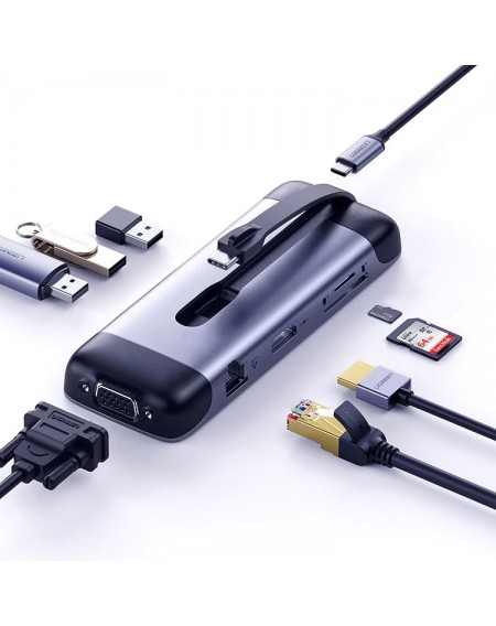 Ugreen 9in1 multi-functional HUB USB Type C - HDMI / 3x USB 3.2 Gen 1 / SD micro SD / VGA / RJ45 card reader / USB Type C Power Delivery 100 W 20 V 5 A gray (70409 CM286)