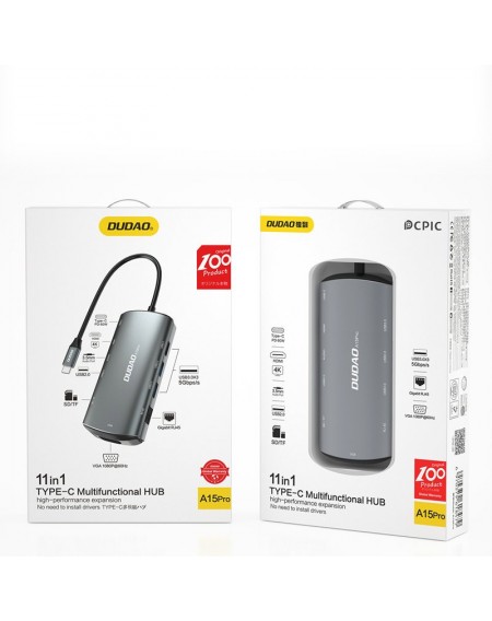 Dudao 11in1 multifunctional HUB USB Type C - USB Type C PD 60 W / HDMI / 3.5 mm mini jack / 1x USB 2.0 / SD card reader micro SD / VGA / RJ45 / 3x USB 3.2 Gen 1 gray (A15Pro gray)