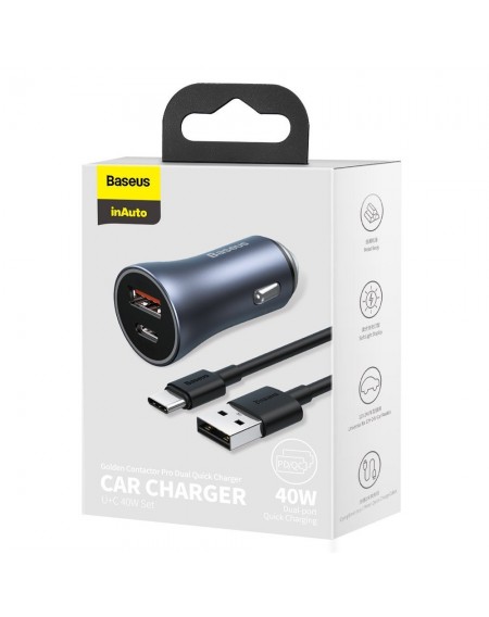 Baseus Golden Contactor Pro fast USB car charger Type C / USB 40 W Power Delivery 3.0 Quick Charge 4+ SCP FCP AFC + USB cable - USB Type C gray (TZCCJD-0G)