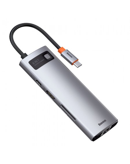 Baseus Metal Gleam 8in1 multifunctional HUB USB Type C - USB Type C Power Delivery 100 W / HDMI 4K 30 Hz / SD and microSD memory card reader / 3x USB 3.2 Gen 1 / RJ45 1 Gbps Gray (CAHUB-CV0G)