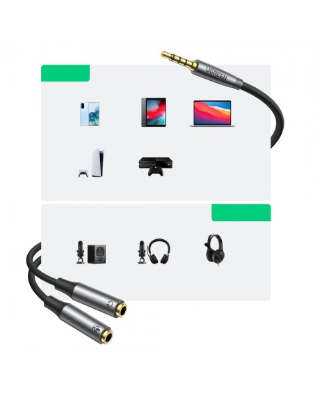 Ugreen AUX splitter for headphones and microphone 1 x male 3.5mm, 2 x female 3.5mm 20cm black (AV192 50254)