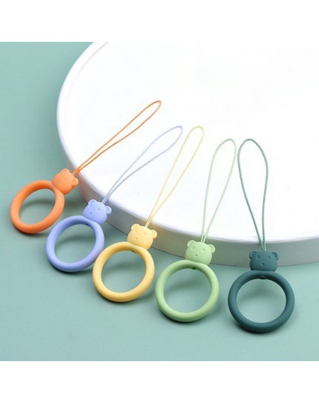 A silicone lanyard for a phone bear ring on a finger light blue