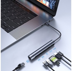 Joyroom Multifunctional USB Hub 7in1 Type C / 2 x USB 3.0 / HDMI 4K 30Hz / RJ-45 / SD Card Reader and Micro SD 100W 15cm gray (S-H111)