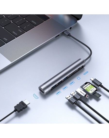 Joyroom Multifunctional USB Hub 7in1 Type C / 3x USB 3.0 / HDMI 4K 30Hz / SD Card Reader and Micro SD 100W 15cm gray (S-H112)