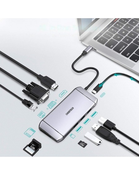 Choetech 9in1 multifunctional USB Type C HUB - 3x USB 3.2 Gen 1 / SD and TF memory card reader / HDMI 4K 30Hz / VGA Full HD 60Hz / USB Type C / RJ45 gray (HUB-M15 gray)