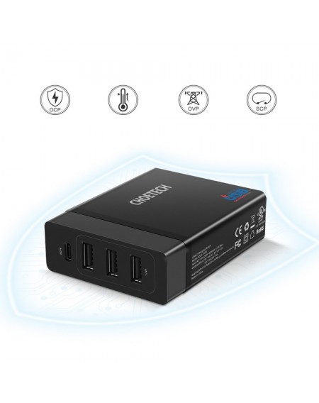 Choetech travel wall Charger 3x USB / 1X USB Type C 60W Power Delivery black (PD72-1C3U)