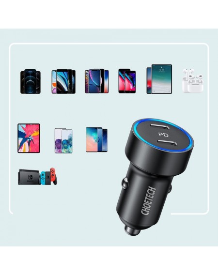 Choetech car charger 2x USB Type C Power Delivery 3.0 QuickCharge 3.0 AFC 36W 2.4A black (C0054)