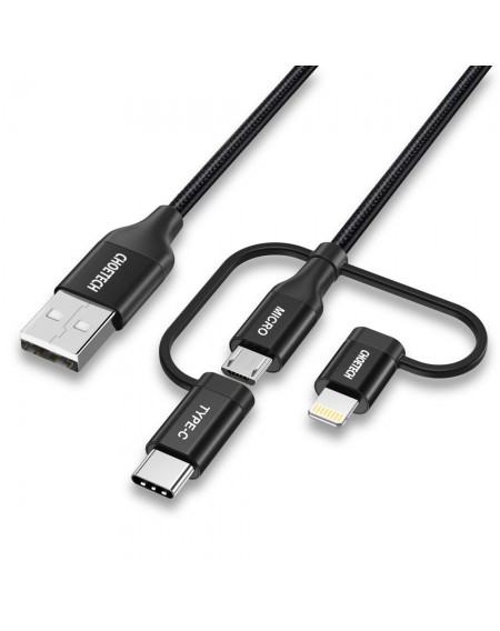 Choetech 3in1 MFI cable USB - USB Type C / micro USB / Lightning (charging 3A / data transmission 480 Mbps) 1.2m black (IP0030-BK)