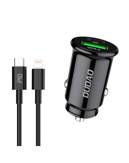 Dudao fast car charger with USB ports QC3.0 + Type C PD black + USB-C cable - Lightning 18W black (R3PRO)