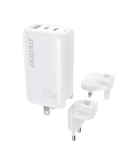 Dudao 3-port GaN charger 3in1 (EU, US, UK) 2 x Type C (PD) + USB (QC) 65W white (A7PRO)