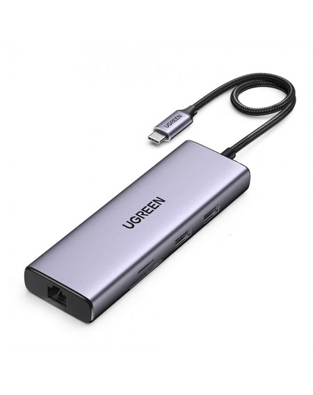 Ugreen 9in1 multi-functional HUB USB Type C card reader - 2x USB 3.2 Gen 1 / 1x USB 2.0 / 2x HDMI 4K 60Hz / SD and TF / USB Type C PD 100W / Ethernet RJ45 gray (90119 CM490)