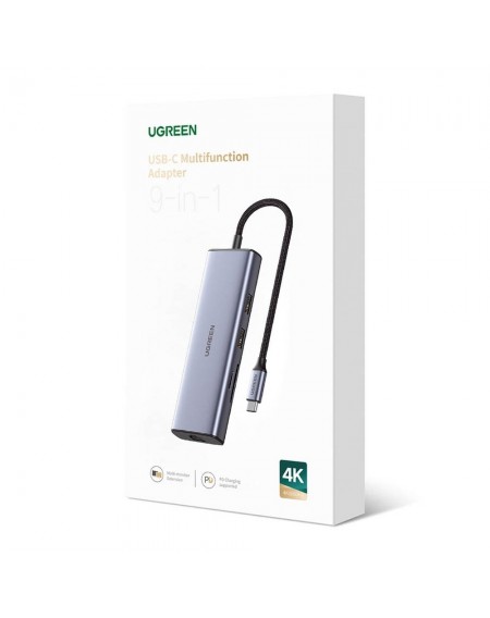 Ugreen 9in1 multi-functional HUB USB Type C card reader - 2x USB 3.2 Gen 1 / 1x USB 2.0 / 2x HDMI 4K 60Hz / SD and TF / USB Type C PD 100W / Ethernet RJ45 gray (90119 CM490)