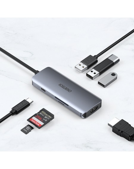 Choetech 7in1 multifunctional USB Type C HUB - 3x USB 3.2 Gen 1 / SD and TF memory card reader / HDMI 4K 30Hz / USB Type C gray (HUB-M19 gray)