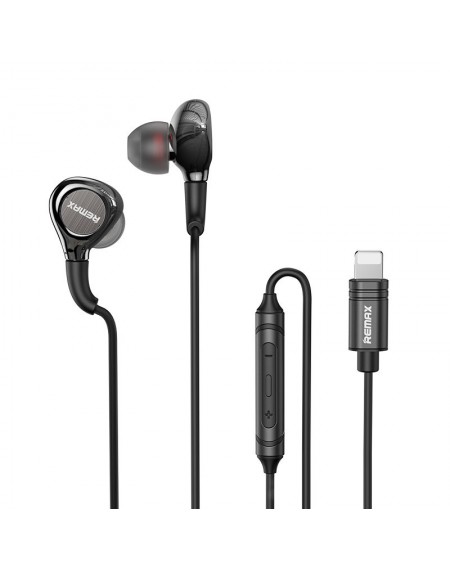 Remax wired metal in-ear headphones with 1.2m Lightning volume remote control black (RM-655is)