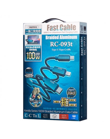 Remax Kerolla Series 2in1 fast cable USB Type C - USB Type C + Lightning PD QC AFC FCP 100W 1m blue (RC-093CCL)