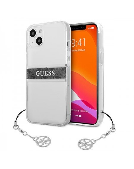 Guess GUHCP13MKB4GGR iPhone 13 6,1" Transparent hardcase 4G Grey Strap Charm