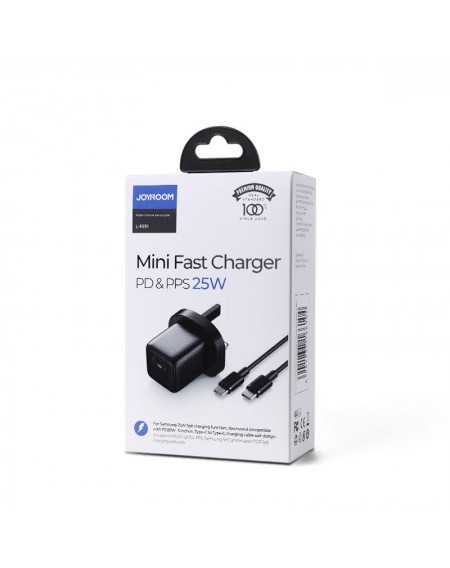 Joyroom small fast charger USB Type C PD 25W UK plug black + USB Type C - USB Type C cable (L-P251)