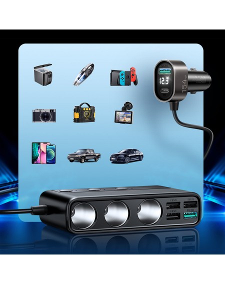 Joyroom 9in1 laptop car charger 154W - 5x USB / 1x USB Type C / 3x cigarette lighter socket Power Delivery / Quick Charge / PPS / AFC / FCP black (JR-CL06)