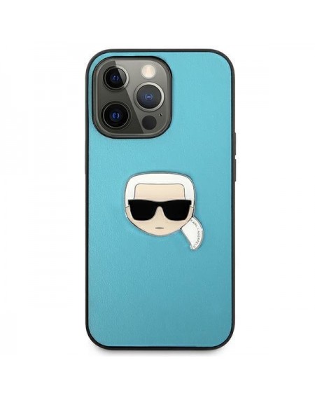 Karl Lagerfeld KLHCP13LPKMB iPhone 13 Pro / 13 6,1" niebieski/blue hardcase Leather Ikonik Karl`s Head Metal